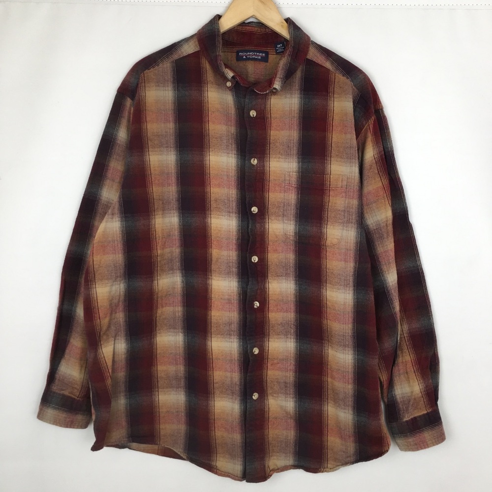 Roundtree & Yorke Flannel Shirt Plaid Burgundy Tan Gray Mens Size 2XT Lumberjack